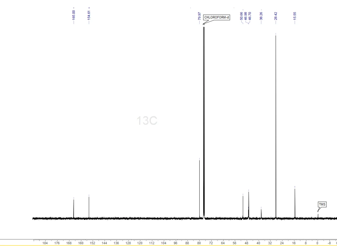 该有关物质的 13C 核磁共振碳谱：低场 154/165 ppm 两个羰基峰，高场多个脂肪族碳峰