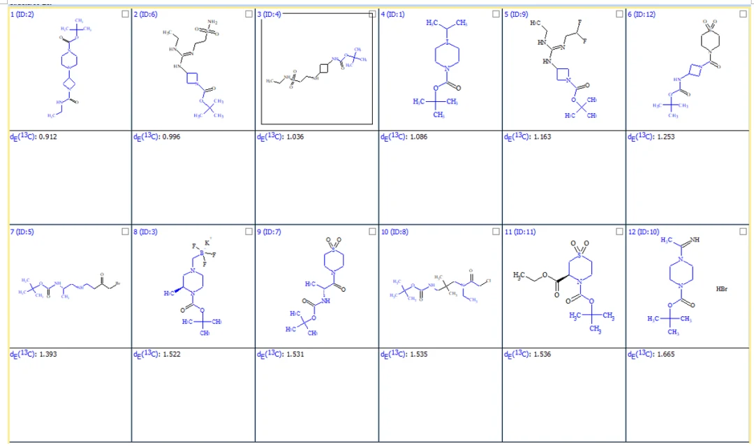12 个命中结构列表：每个结构标注 13C 谱平均偏差 dE，编号 1 至 12