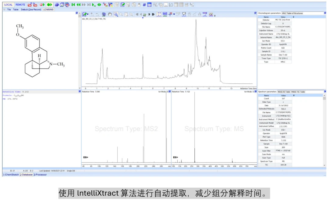 使用 IntelliXtract 算法自动提取组分，色谱图叠加各组分离子提取色谱曲线