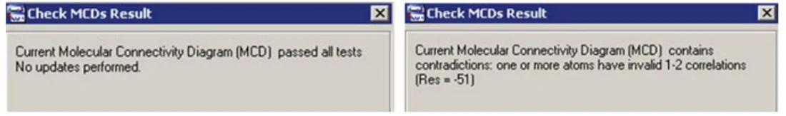 图2.9 展示了Check MCD Result 的消息示例。左侧消息在2D NMR 数据中未检测到矛盾