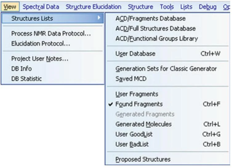 图2.18 用于切换结构文件窗口的视图菜单部分（该功能在Structure Elucidator 中通用）