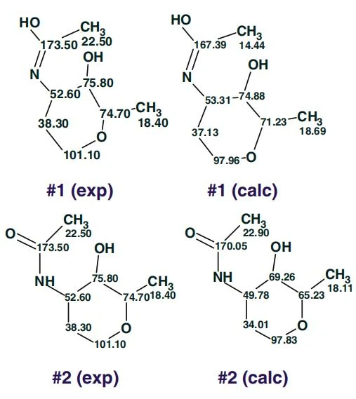 图5.22 Juniperolide A:结构#1 和#2 的互变异构相关部分,左侧为实验¹³C 化学位移,右侧