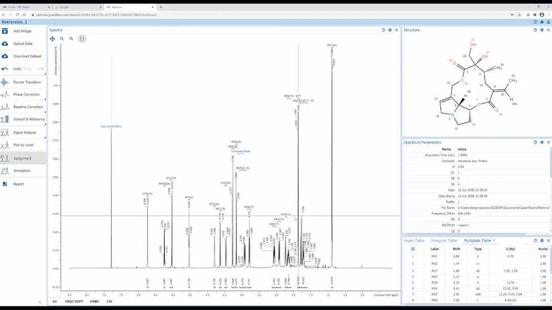 基于浏览器的 NMR 数据处理与分析：Spectrus JS 界面