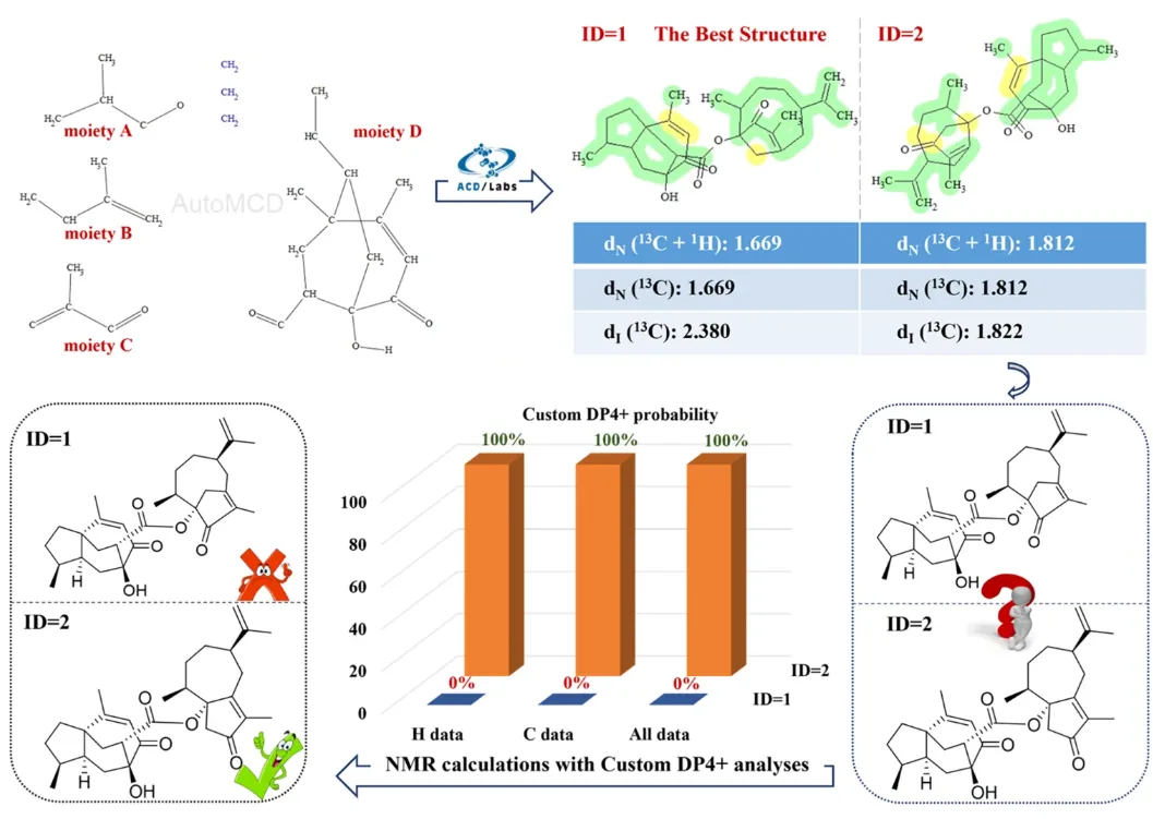 图3. ACD/Structure Elucidator与核磁计算联用确定化合物1平面结构的工作流程示意图