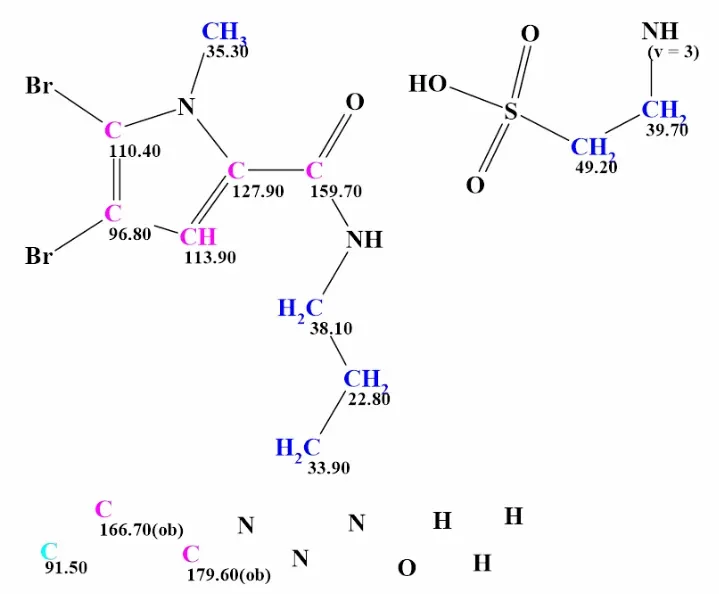 该MCD包含原mauritamide B结构中显示为绿色的两个片段。碳原子的杂化状态通过相应颜色标记：sp²-紫色，sp³-蓝色，非sp-浅蓝色。标有"ob"的碳原子表示必须与杂原子相邻。